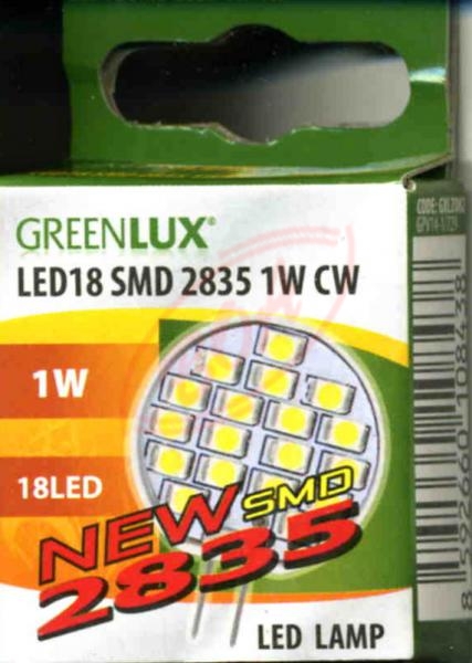 1W G4 12V LED žiarovka GREENLUX GXLZ082, 18xSMD2835, 6000K, 110 lm, 120°, 33x25mm, A++